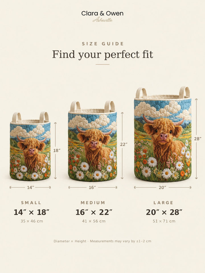Blue, brown, green, orange and white padded laundry basket size guide with small, medium and large measurements.