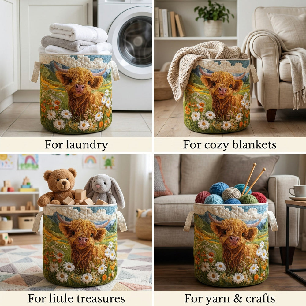 Blue, brown, green, orange and white padded laundry basket with graphic-print, another view.