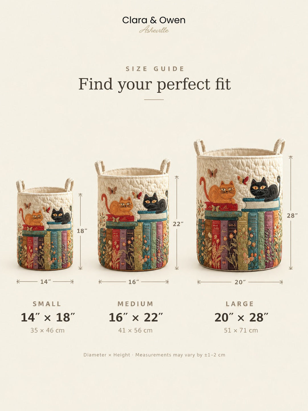 Size guide for beige quilted cat pattern hampers in small, medium and large sizes