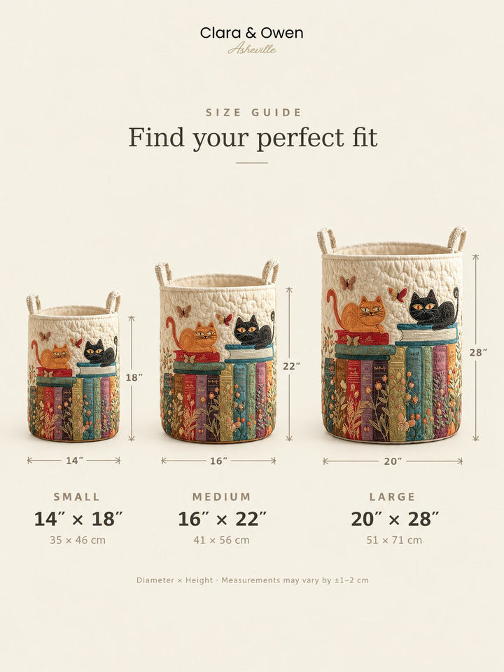 Size guide for beige quilted cat pattern hampers in small, medium and large sizes