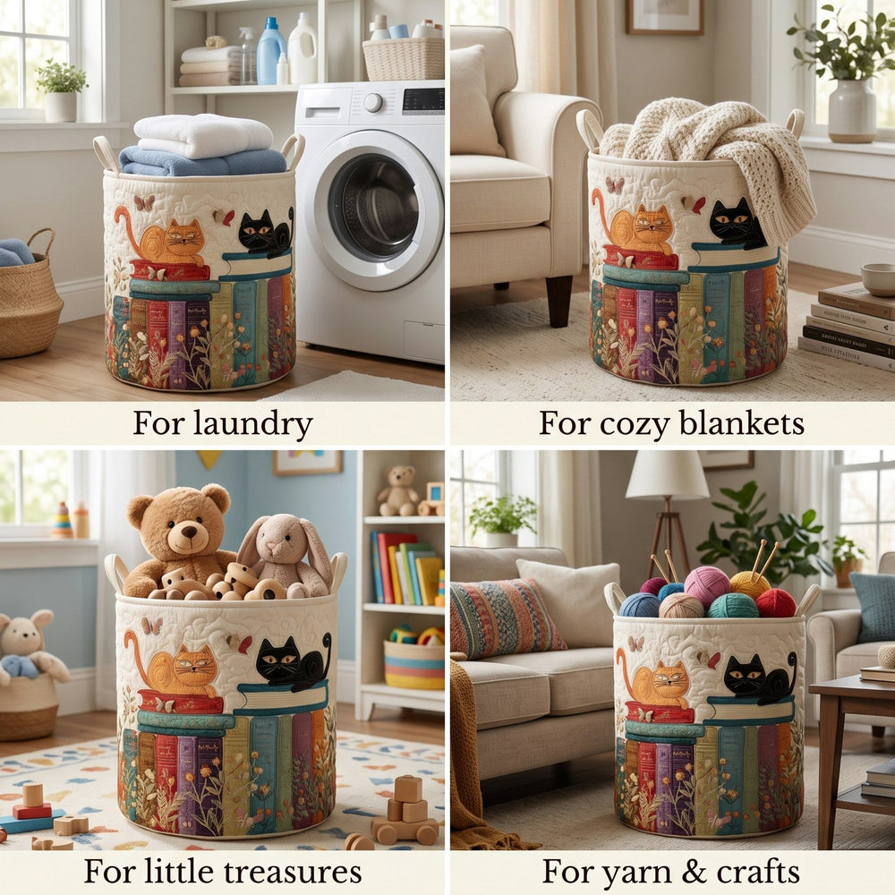 Quilted cat pattern hamper in a four-panel collage, another view