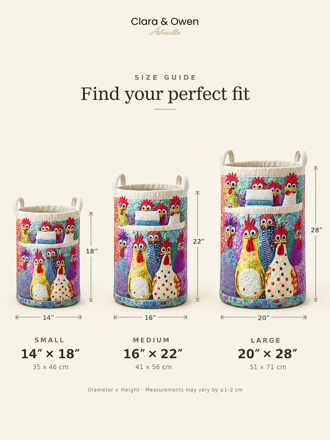 Padded fabric laundry basket size guide for small, medium and large.