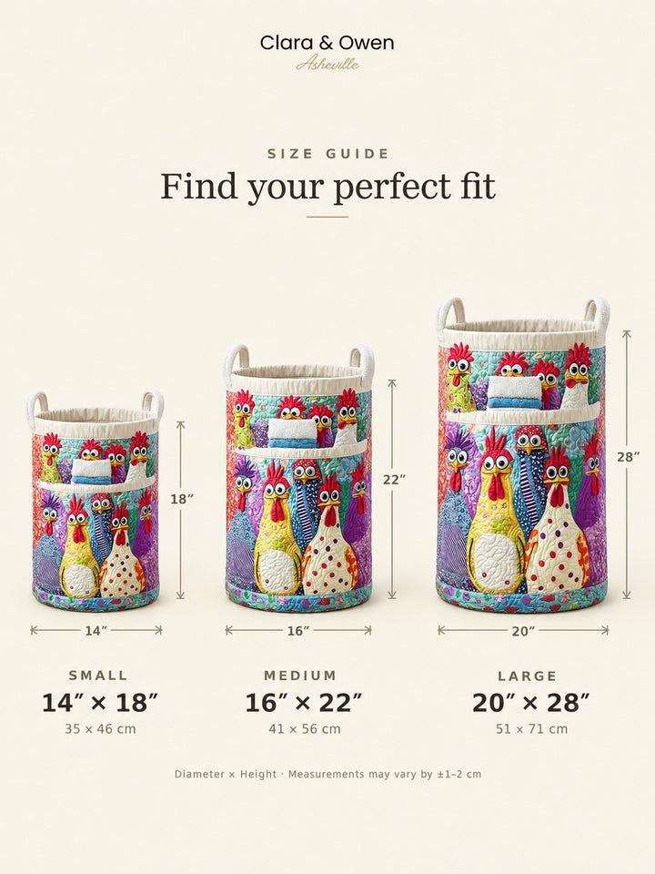 Padded fabric laundry basket size guide for small, medium and large.