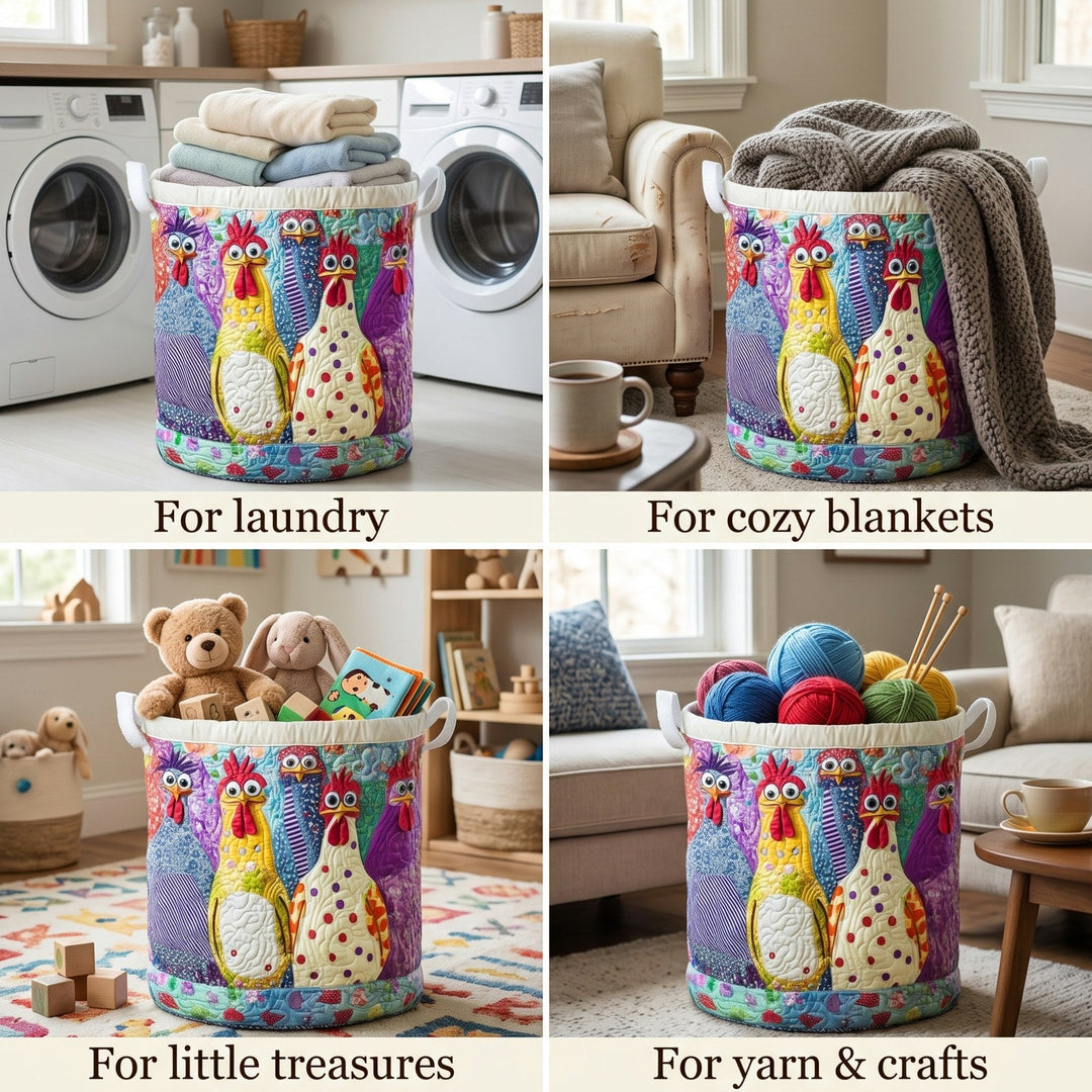 Padded fabric laundry basket, another view with chicken pattern.