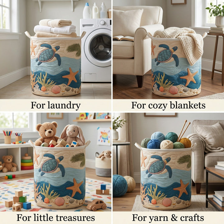 Quilted laundry basket with canvas handles in a four-panel collage showing another view.