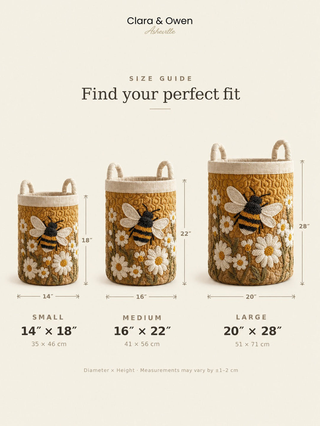 Size guide showing small, medium and large baskets side by side with diameter and height measurements.