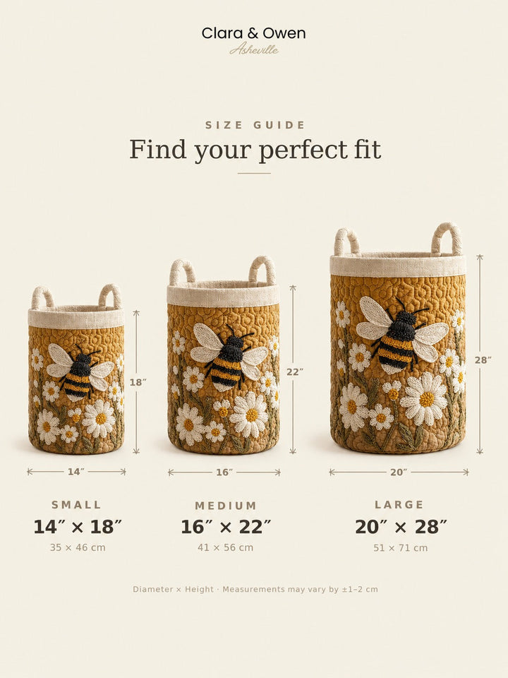 Size guide showing small, medium and large baskets side by side with diameter and height measurements.
