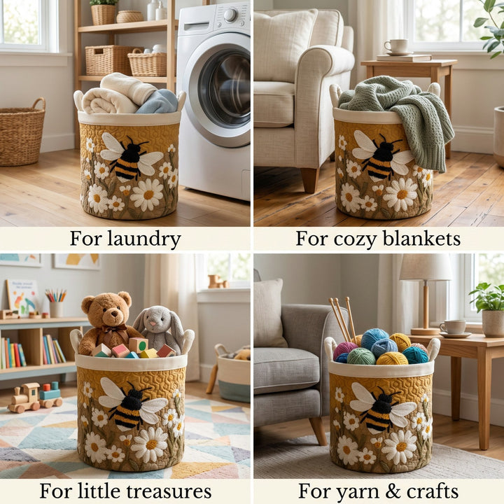 Another view of the quilted laundry basket holding towels, a blanket, stuffed toys and yarn in different rooms.