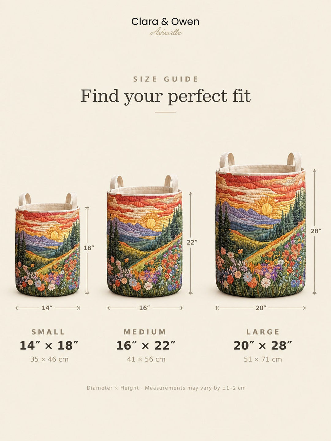 Size guide showing small, medium and large baskets side by side, with diameter and height measurements marked for each. 5