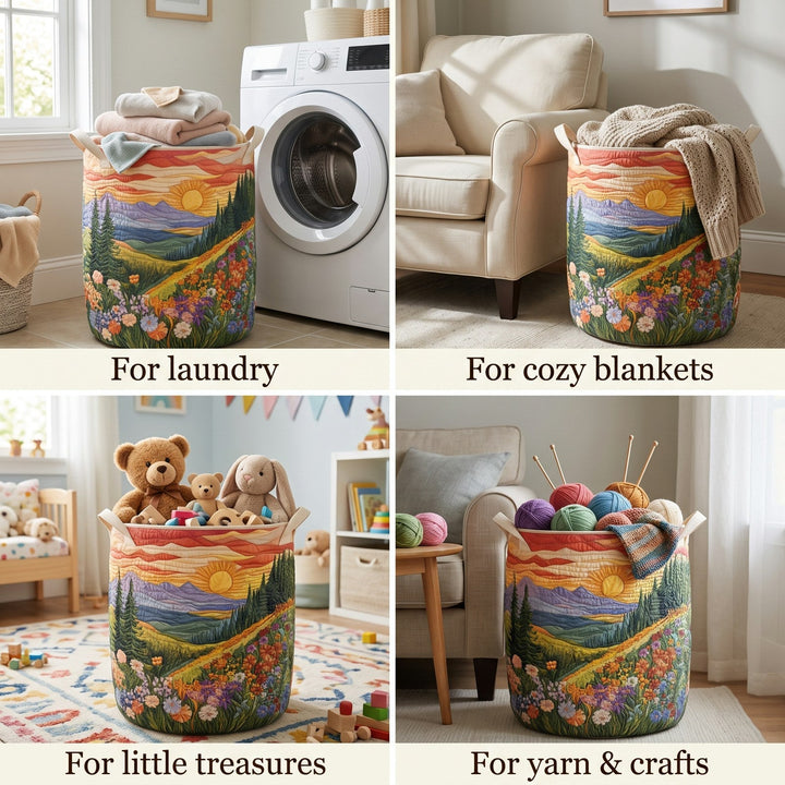 Four-panel collage of the same basket holding laundry by a washer, a knit blanket, toys and stuffed animals, and yarn. 2