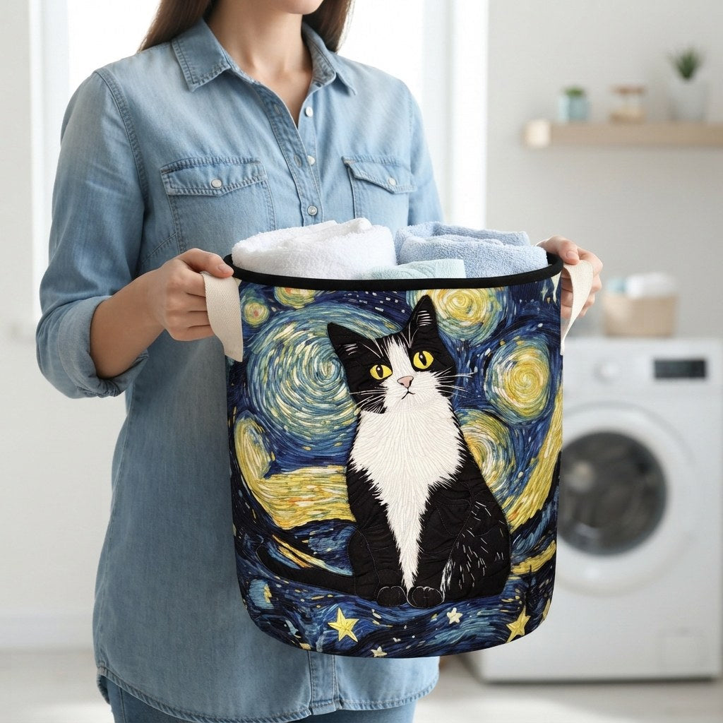 Quilted cat-design laundry basket in another view.