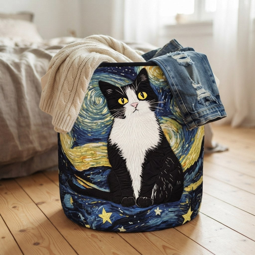Quilted cat-design laundry basket in another view.