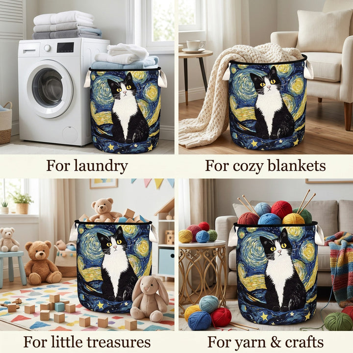 Quilted cat-design laundry basket in another view.
