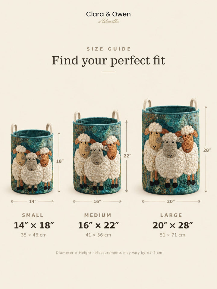 Size guide for the beige quilted fabric laundry basket in 3 sizes.