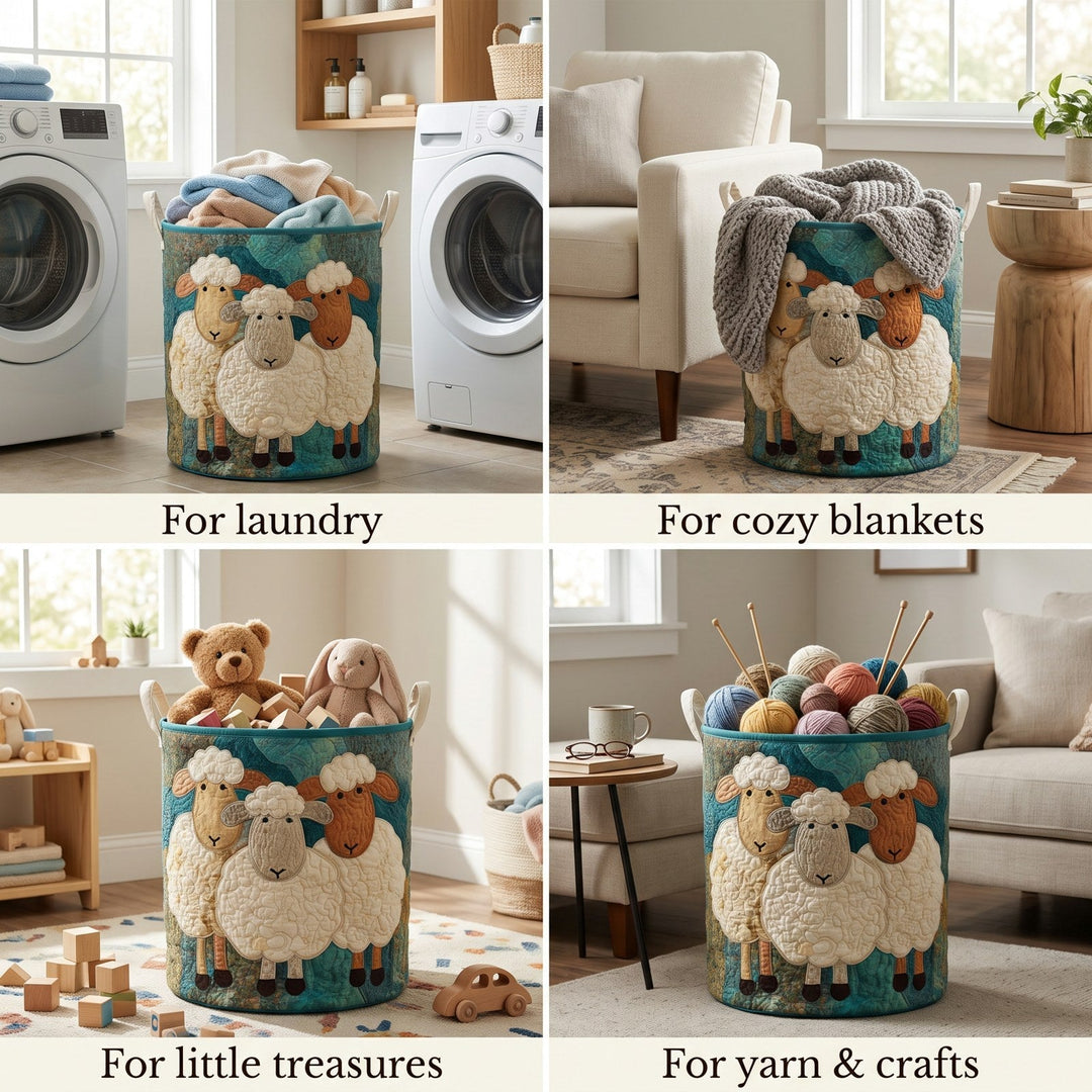 Beige quilted fabric laundry basket, another view.