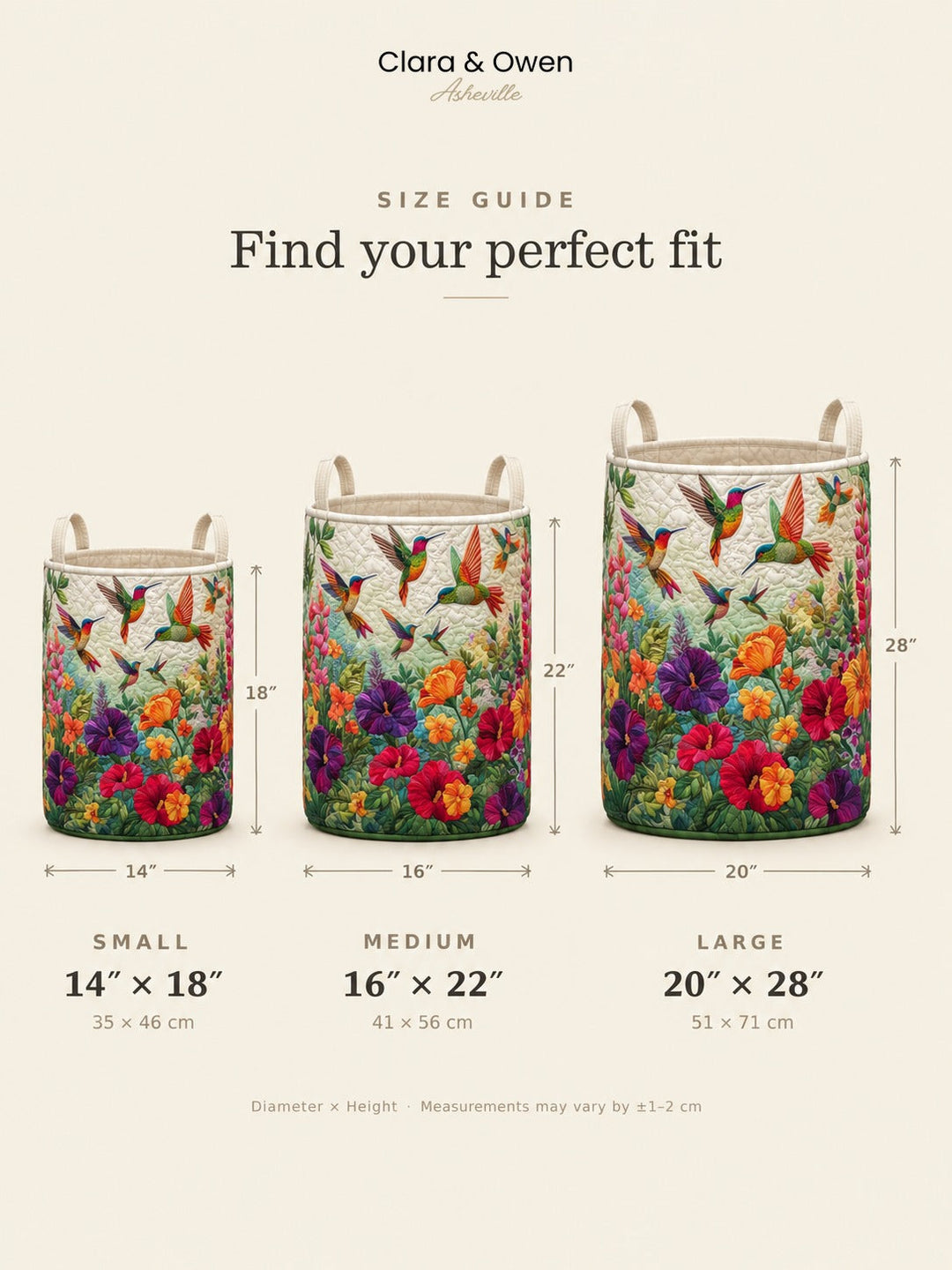 Size guide showing the small, medium, and large hamper side by side with measurements.