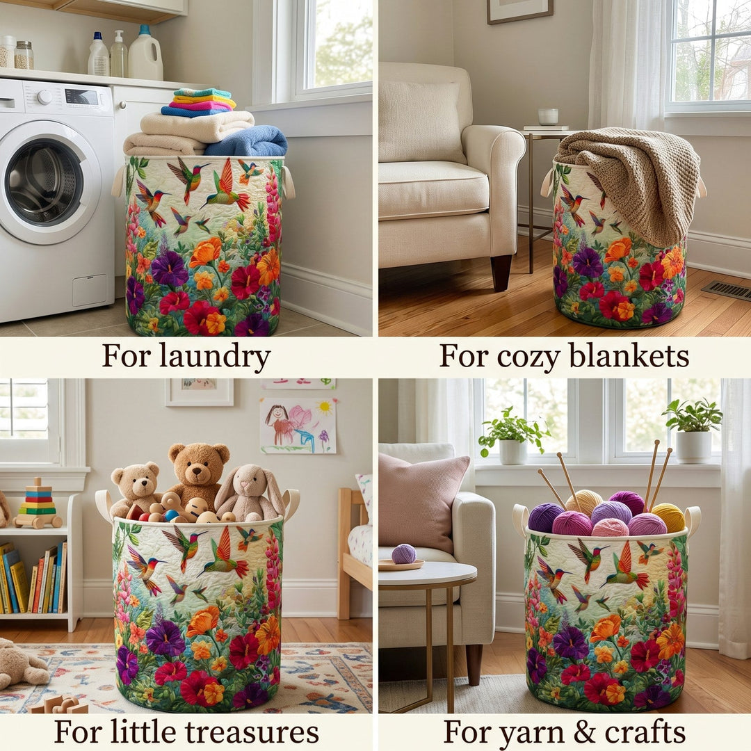 Detail collage of the quilted floral hamper holding laundry, a knit blanket, stuffed toys, and yarn.