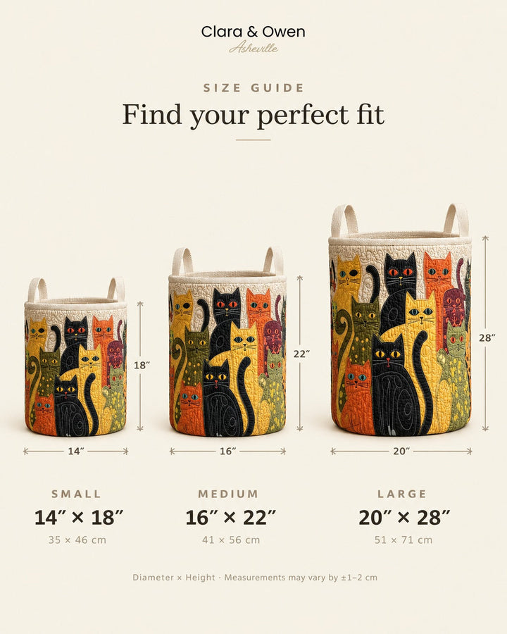 Size guide for the quilted cat folk art laundry basket with small, medium, and large sizes.