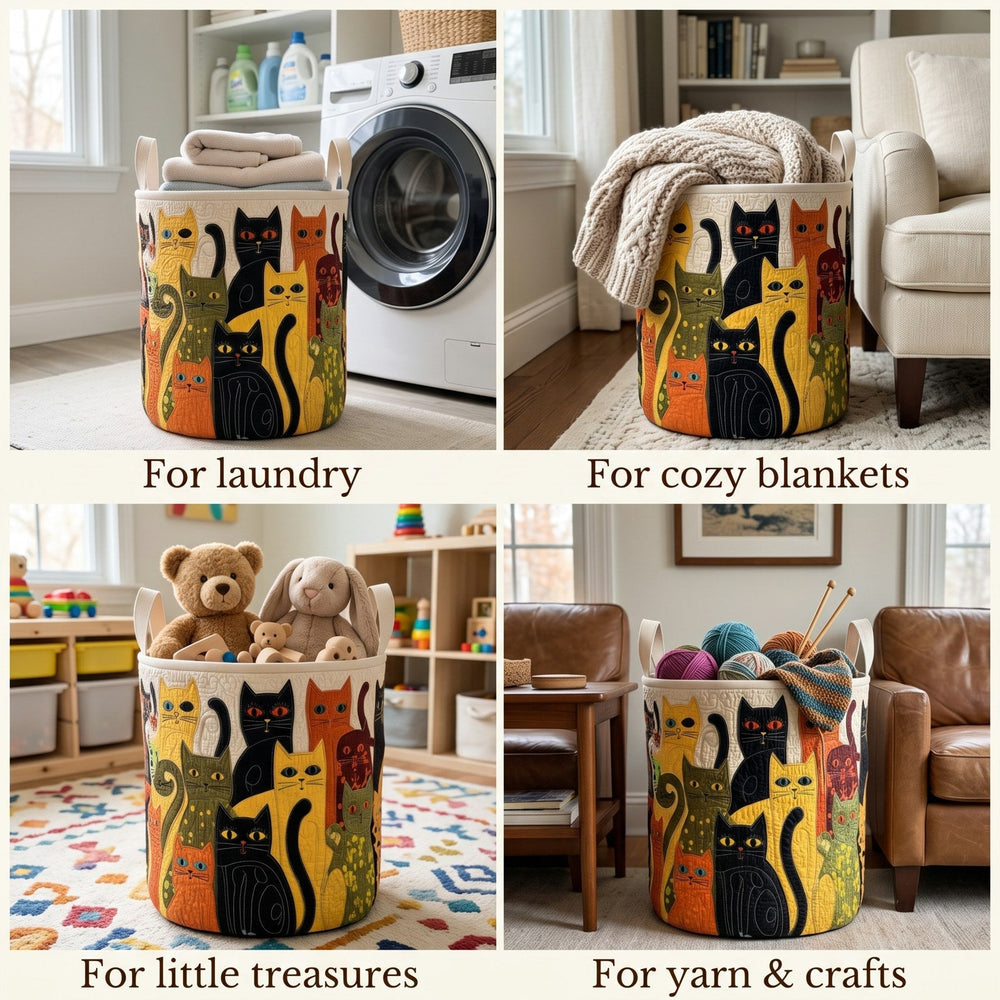 Detail of the quilted cat folk art laundry basket in a four-panel collage.