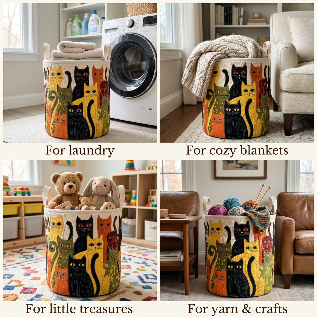 Detail of the quilted cat folk art laundry basket in a four-panel collage.