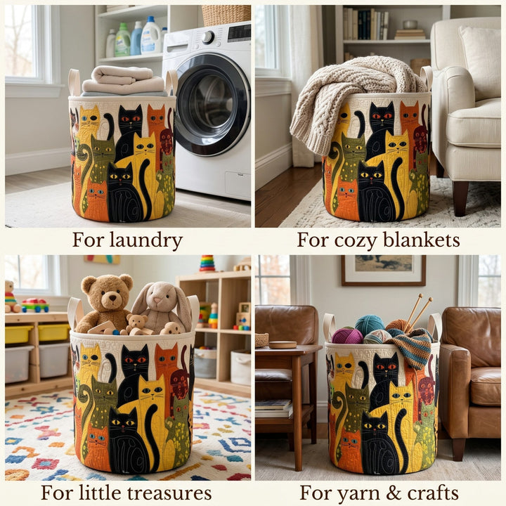 Detail of the quilted cat folk art laundry basket in a four-panel collage.