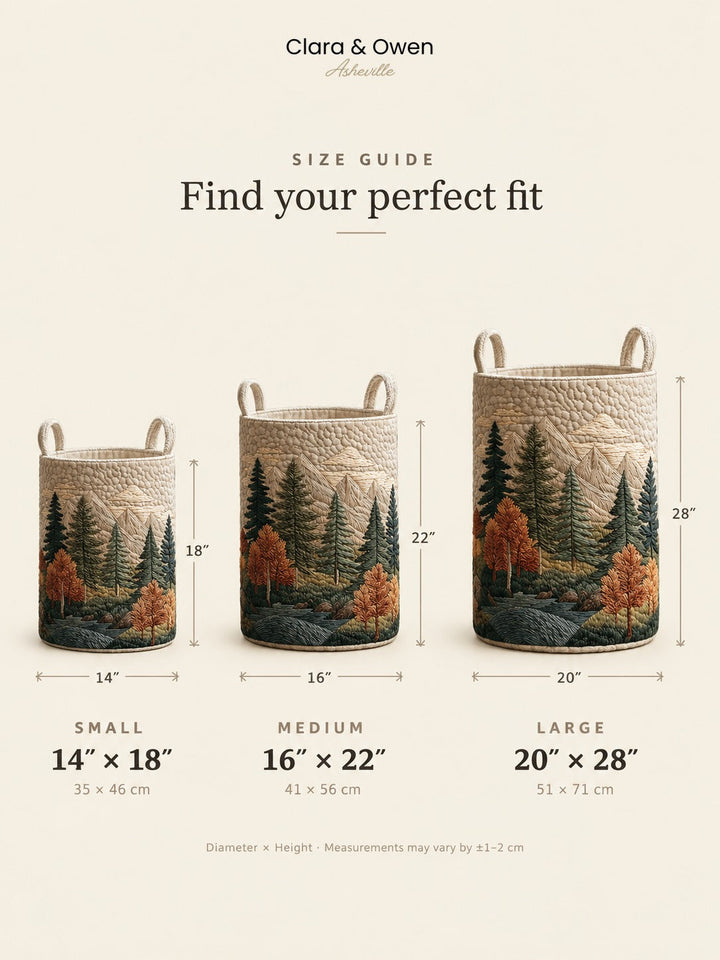 Size guide showing the forest-print basket in small, medium and large with measurements.