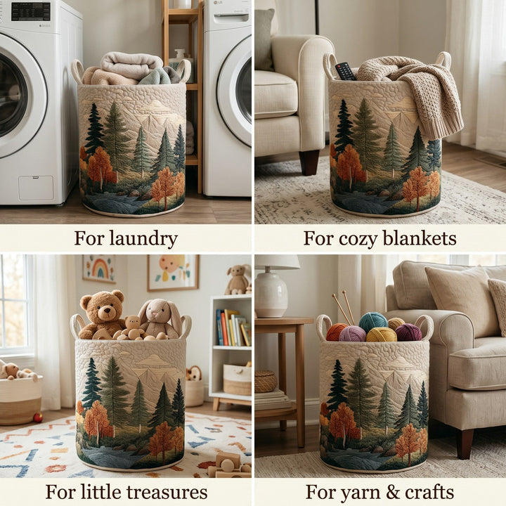 Quilted forest print laundry basket in a four-panel collage with laundry and other items.