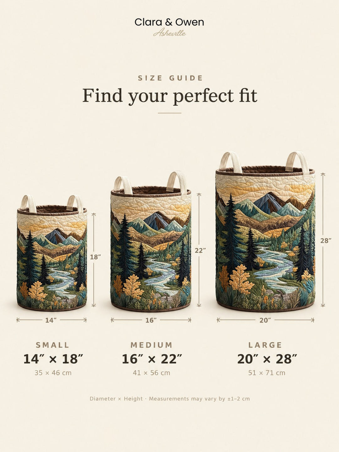 Size guide showing the small, medium and large baskets side by side, with their diameter and height measurements labeled. 5