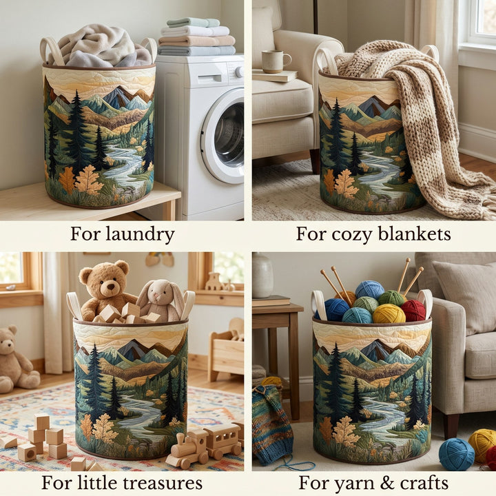 Four-panel collage showing the basket used for laundry, cozy blankets, toys and stuffed animals, and yarn with knitting needles. 2