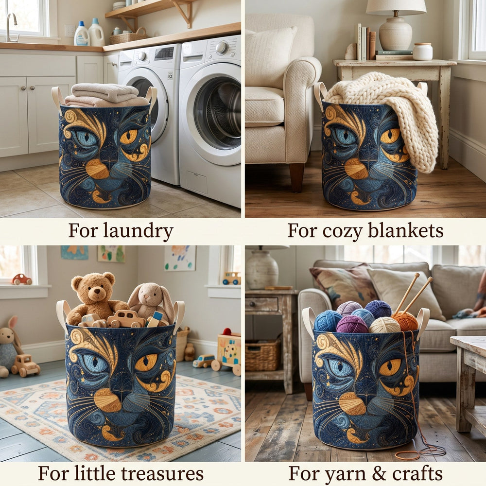 Padded Galaxy Cat Laundry Basket with Handles detail with towels and toys