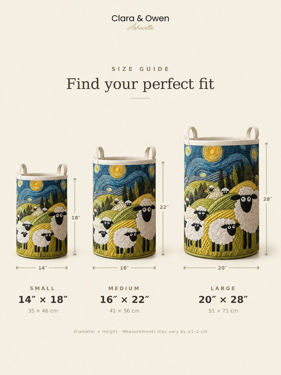 Size guide graphic showing small, medium and large baskets side by side with height and diameter measurements marked beneath each. 6