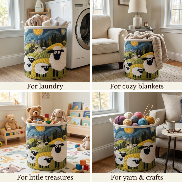 Four-panel collage showing the sheep basket holding laundry, a knit blanket, toys and stuffed animals, and balls of yarn with knitting needles. 2