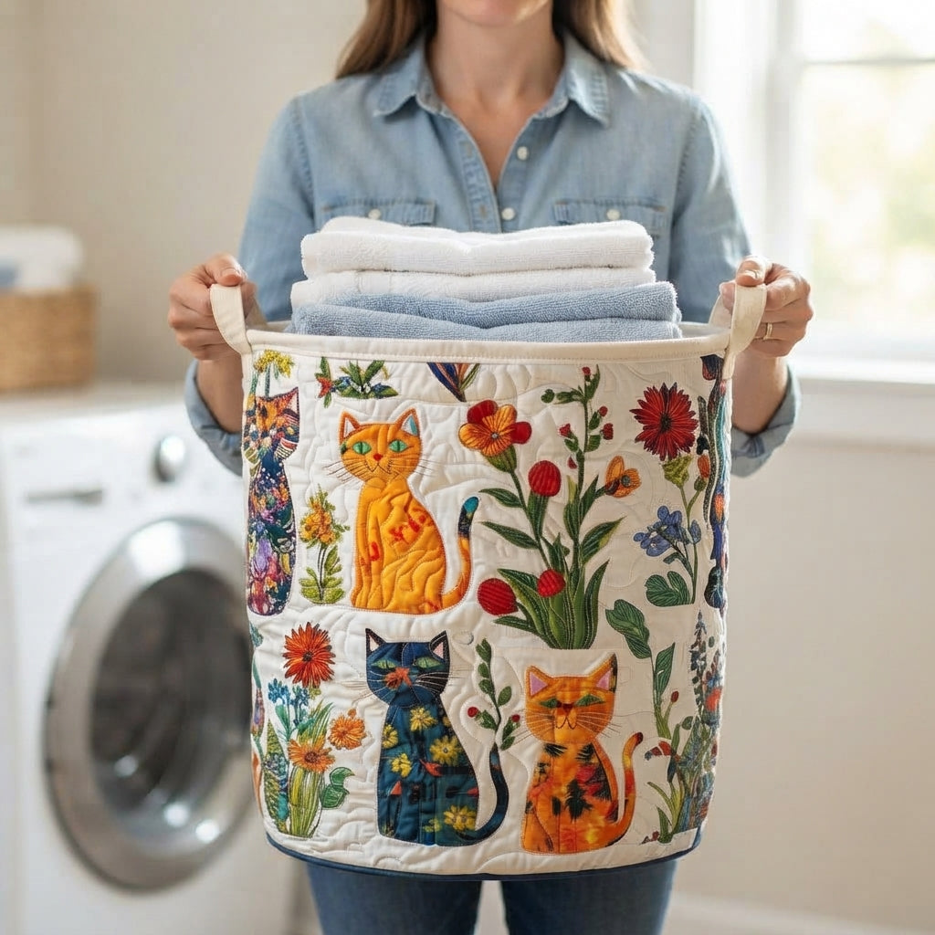 Woman in a denim shirt carries the quilted cat hamper by its two fabric handles, loaded with folded towels. 3