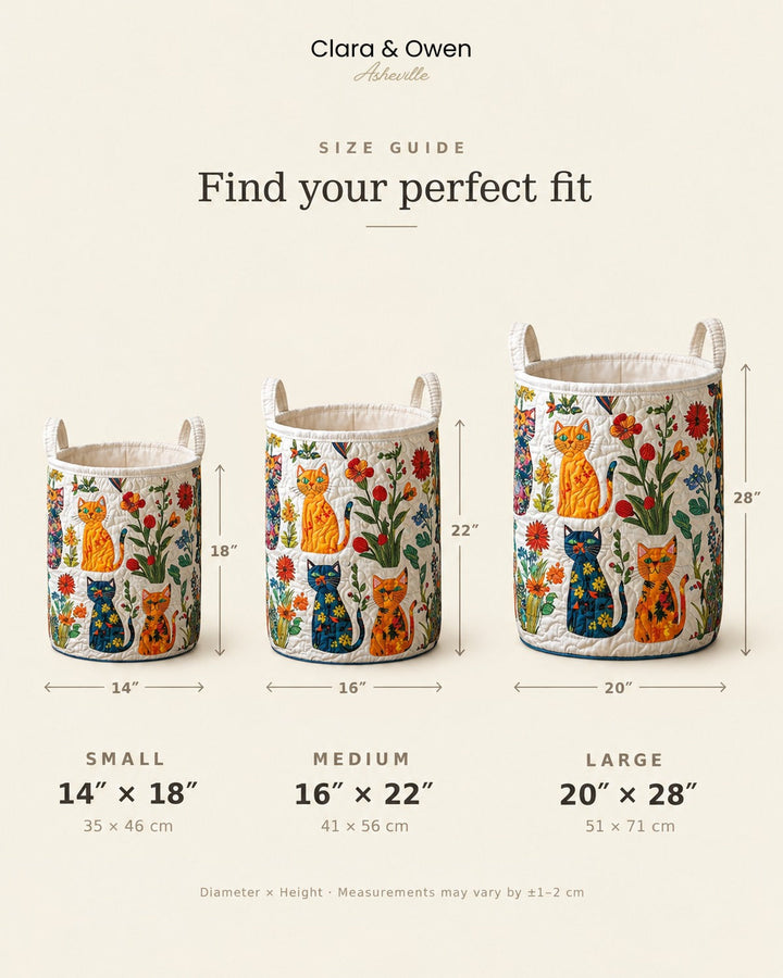 Size guide lineup of the three quilted cat baskets, small, medium and large, with height and diameter measurements marked. 5