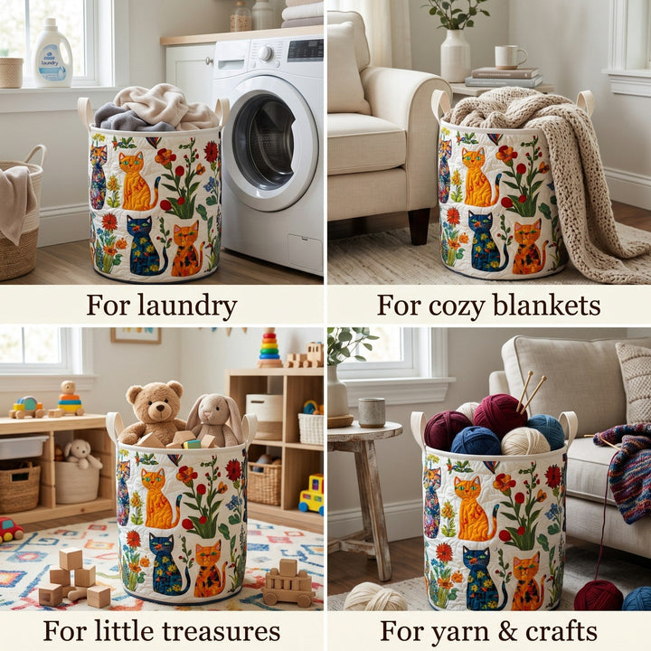 Four-panel collage showing the cat basket holding laundry, a knit blanket, toys and yarn in different rooms. 2