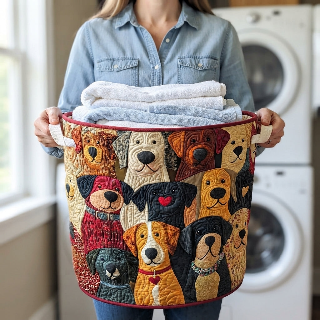 Woman in a denim shirt holds the dog-patchwork basket by its handles, filled with folded white and blue towels. 3