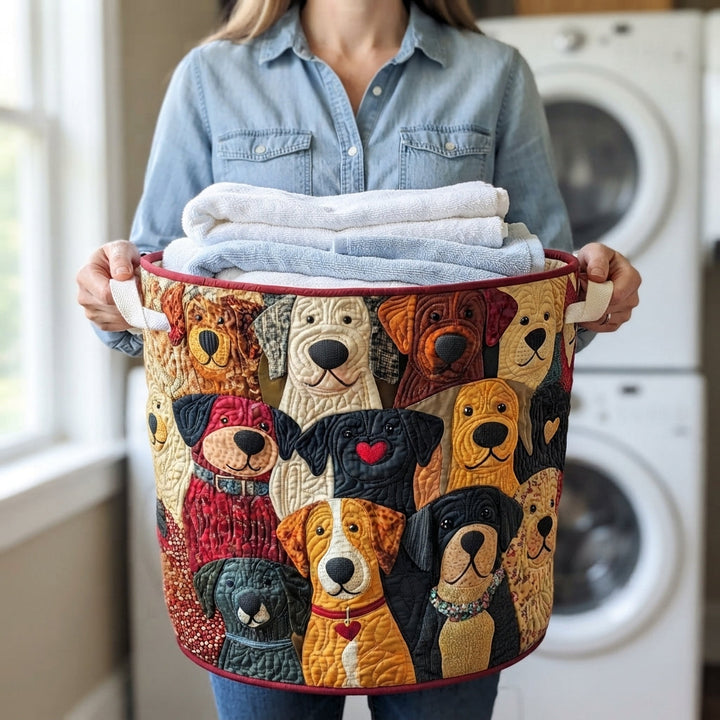 Woman in a denim shirt holds the dog-patchwork basket by its handles, filled with folded white and blue towels. 3