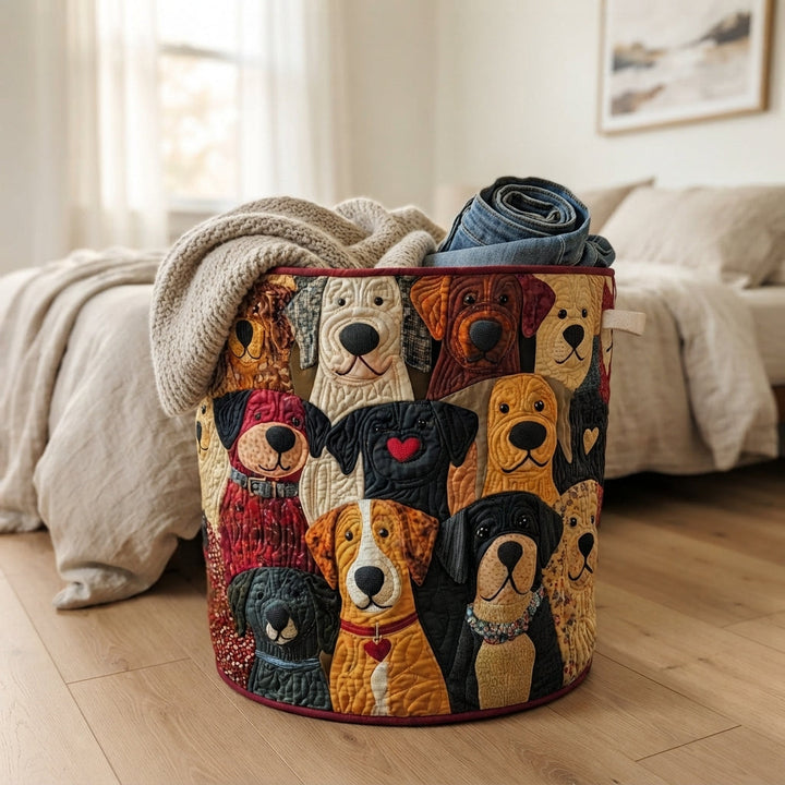 Dog-patterned quilted basket on a bedroom floor, overflowing with a knit blanket and rolled jeans beside a bed. 4