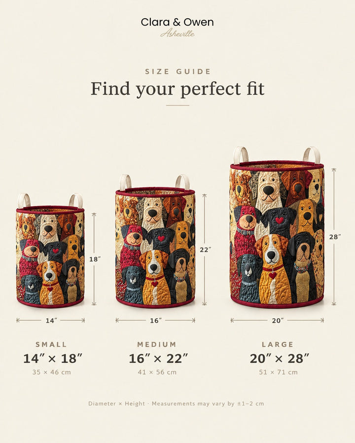Size guide showing three dog-patterned baskets in small, medium and large, with diameter and height measurements marked beside each one. 5
