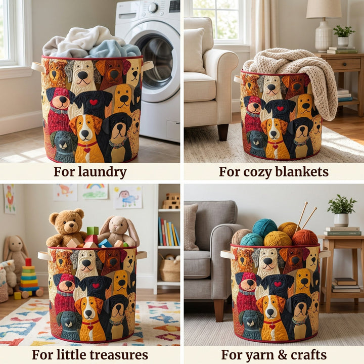 Four-panel collage showing the dog-patterned basket holding laundry, a knit blanket, toys and stuffed animals, and balls of yarn. 2