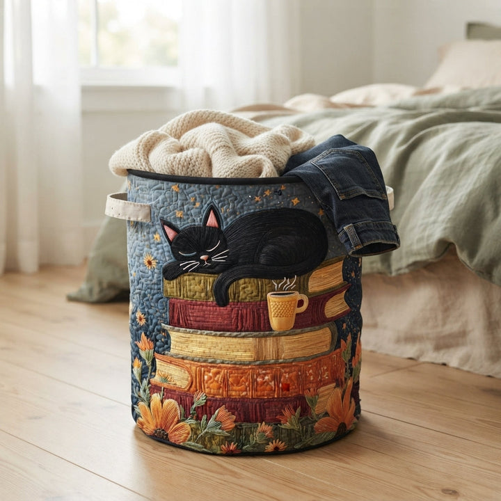 Quilted Cat Library Laundry Basket with Handles in another view, shown beside a bed and filled with a blanket and jeans.