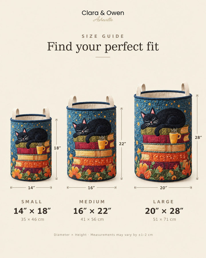 Quilted Cat Library Laundry Basket with Handles size guide with small, medium and large measurements.
