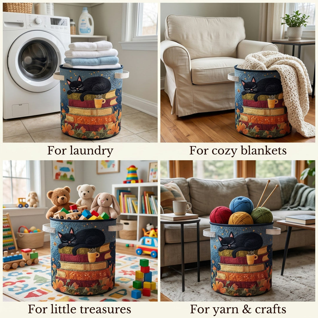 Quilted Cat Library Laundry Basket with Handles in a four-panel detail collage.