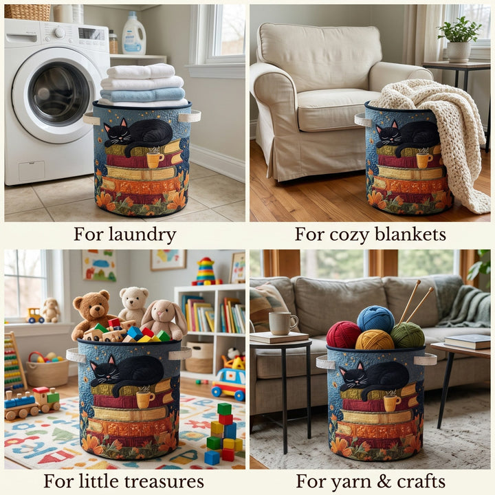 Quilted Cat Library Laundry Basket with Handles in a four-panel detail collage.