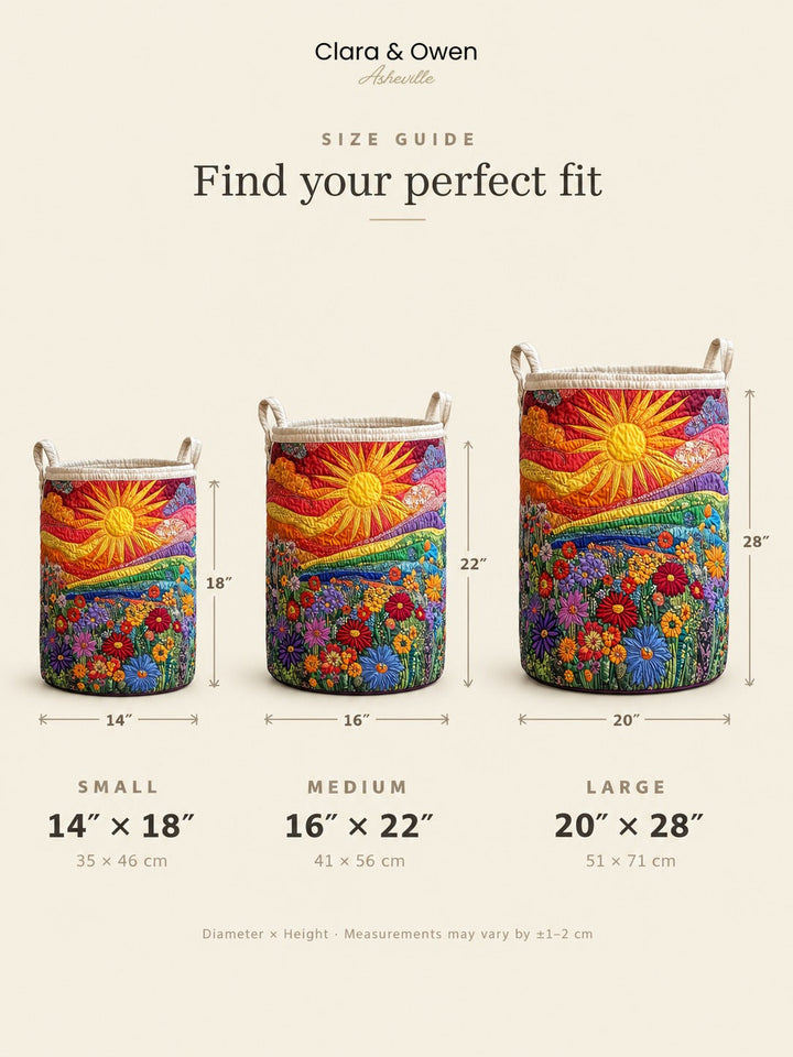 Padded fabric laundry basket with handles, size guide showing small, medium and large side by side.