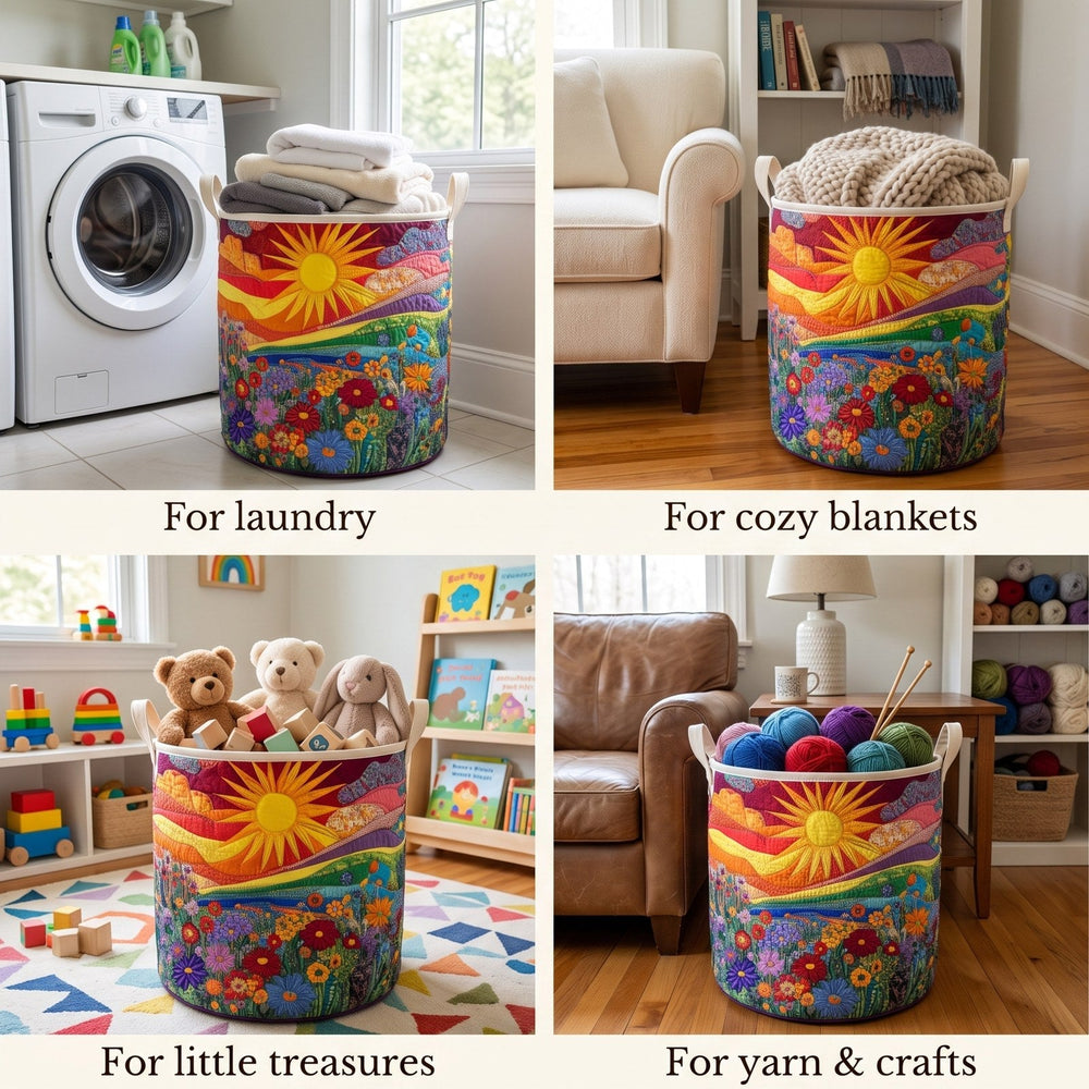 Padded fabric laundry basket with handles, another view showing the graphic-print design and use with towels, toys and yarn.