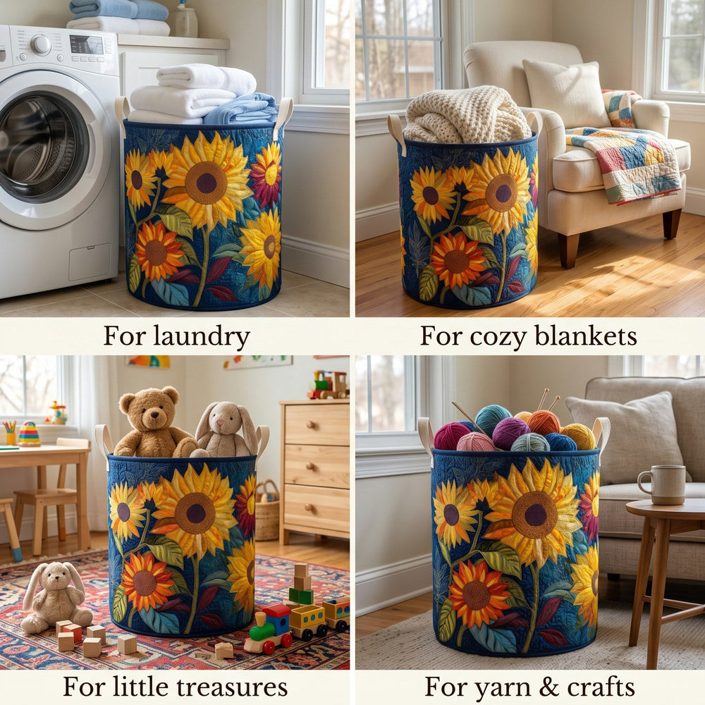 Blue, green, orange, red, or yellow floral laundry basket detail collage in use around the home