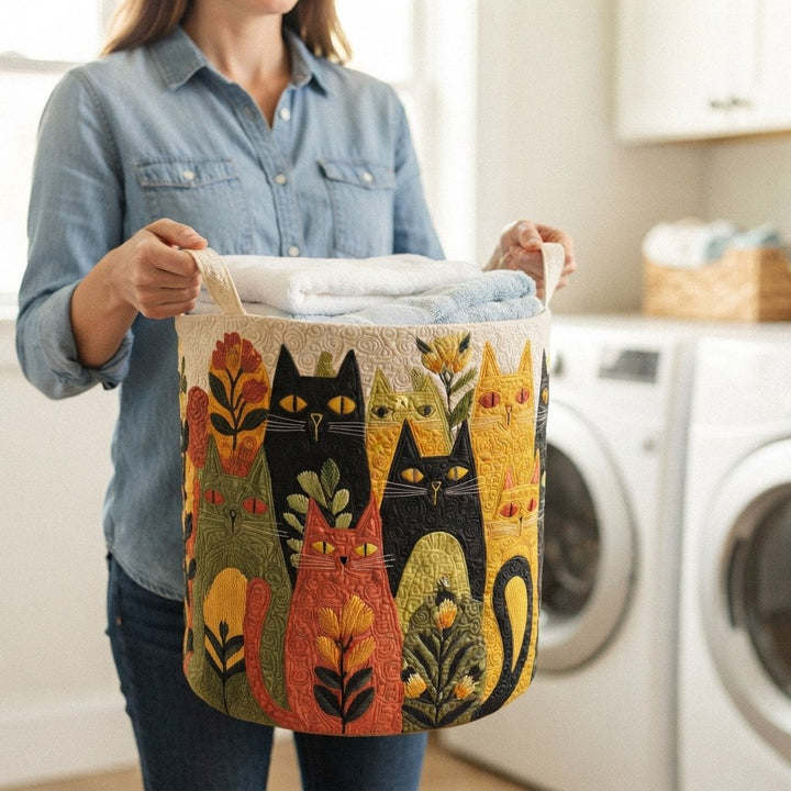 Quilted fabric laundry basket with canvas handles in another view.