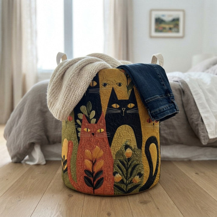 Quilted fabric laundry basket with canvas handles in another view.