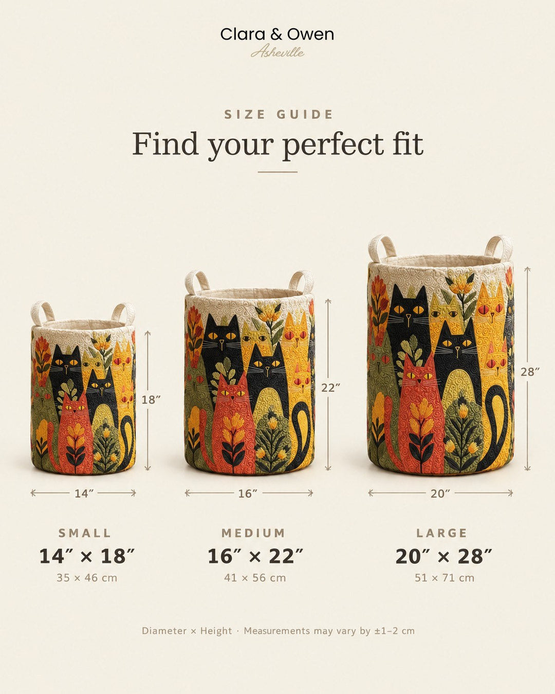 Quilted fabric laundry basket with canvas handles in a detail view showing the size guide.